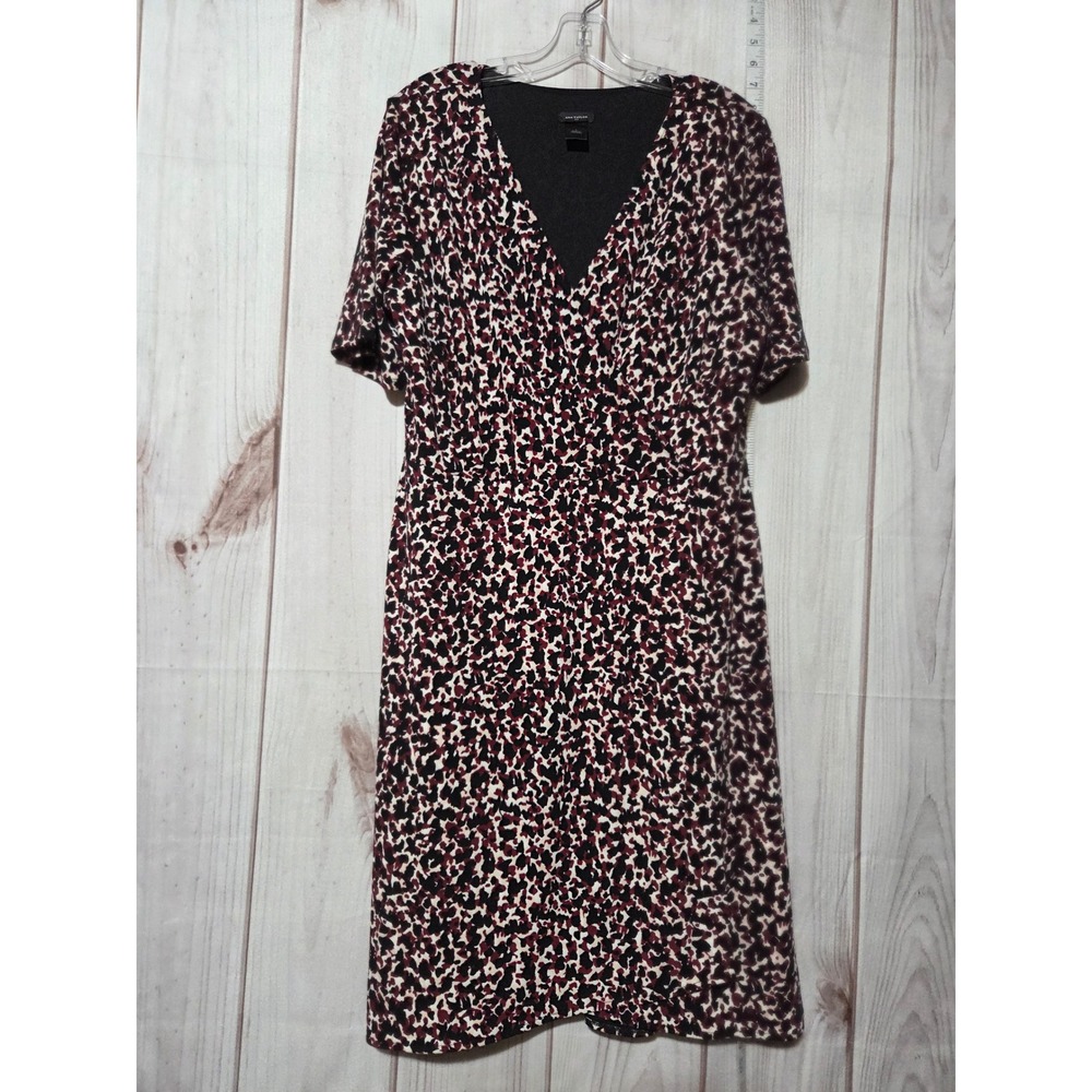Ann Taylor Womens Faux Wrap Dress Large Burgundy Black Animal Print V-Neck